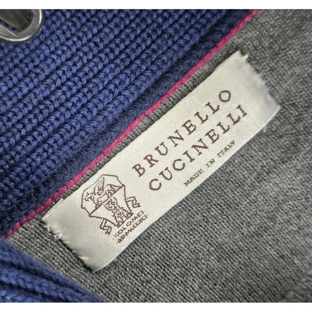 Brunello Cucinelli Ribbed Shawl Collar Knit Sweater Mens 54 US 44 XL Navy Blue